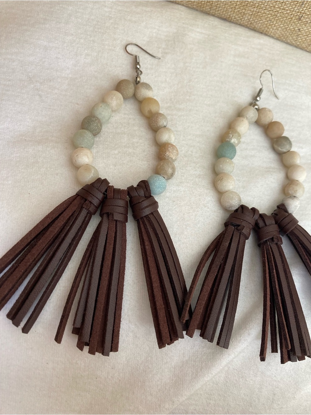 Beaded Dangle Earrings with Brown Faux Leather Tassel - Picture 5 of 7